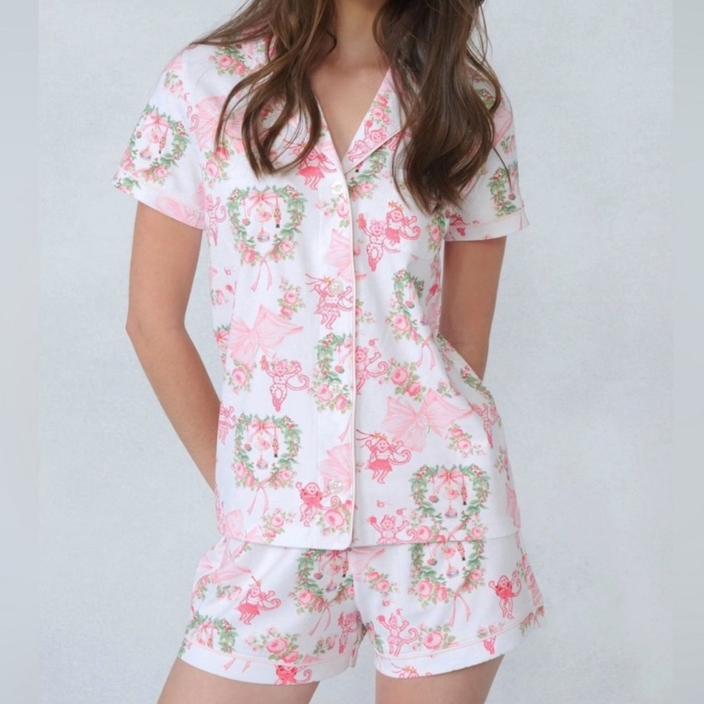 NWT Roller Rabbit x Love Shack Fancy Merry Monkey Beaux Polo PJS Holiday Pink